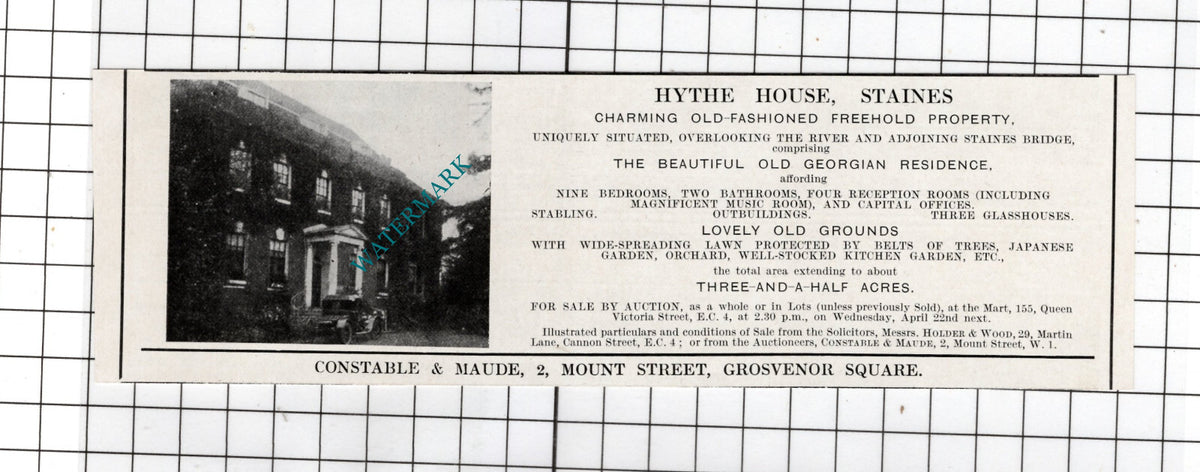 Hythe House Staines Middlesex  - 1925 Small House Sale Advert