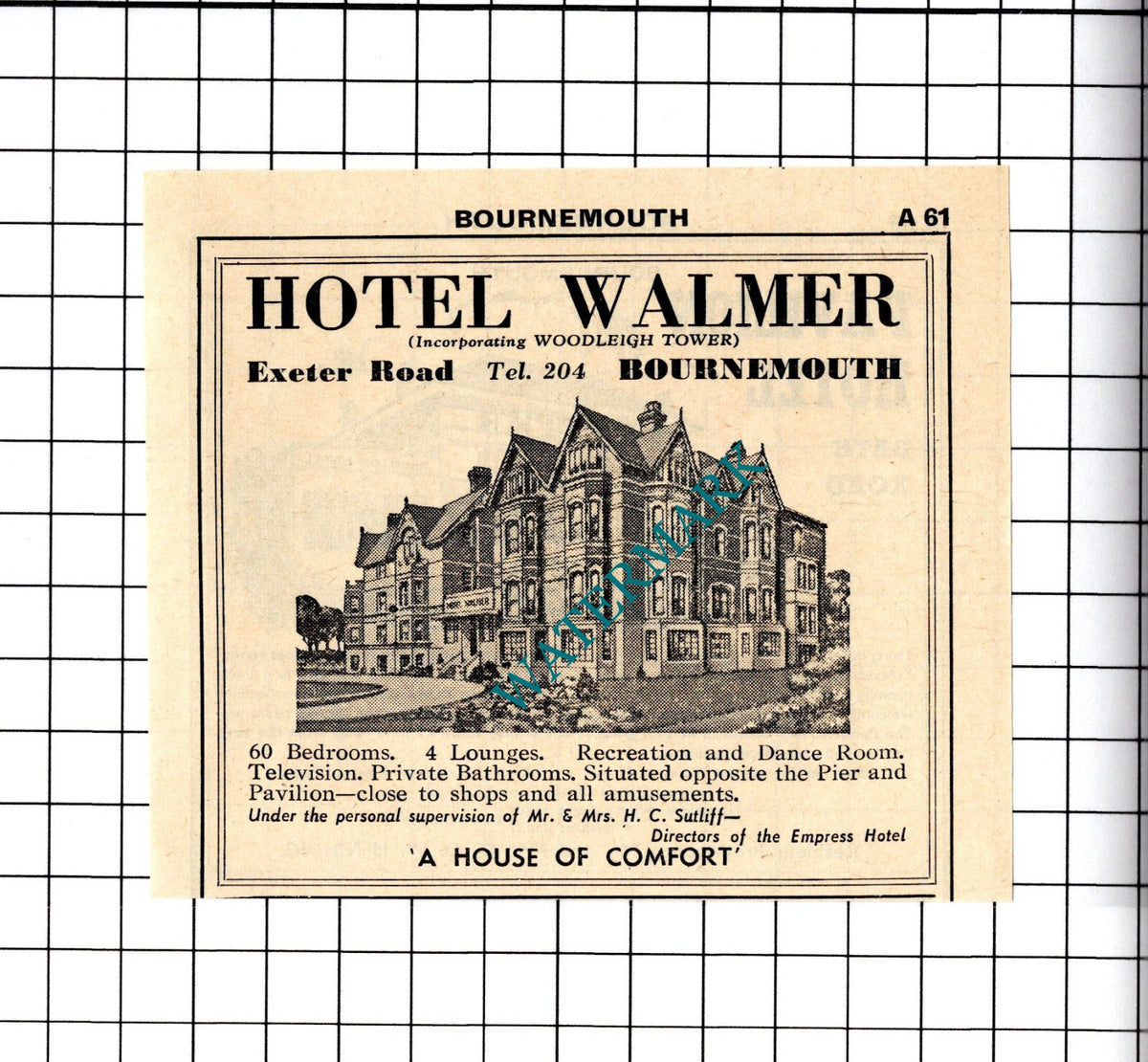Pavilion Hotel Bournemouth Hitching / Hotel Walmer  Small Advert -1958 Cutting