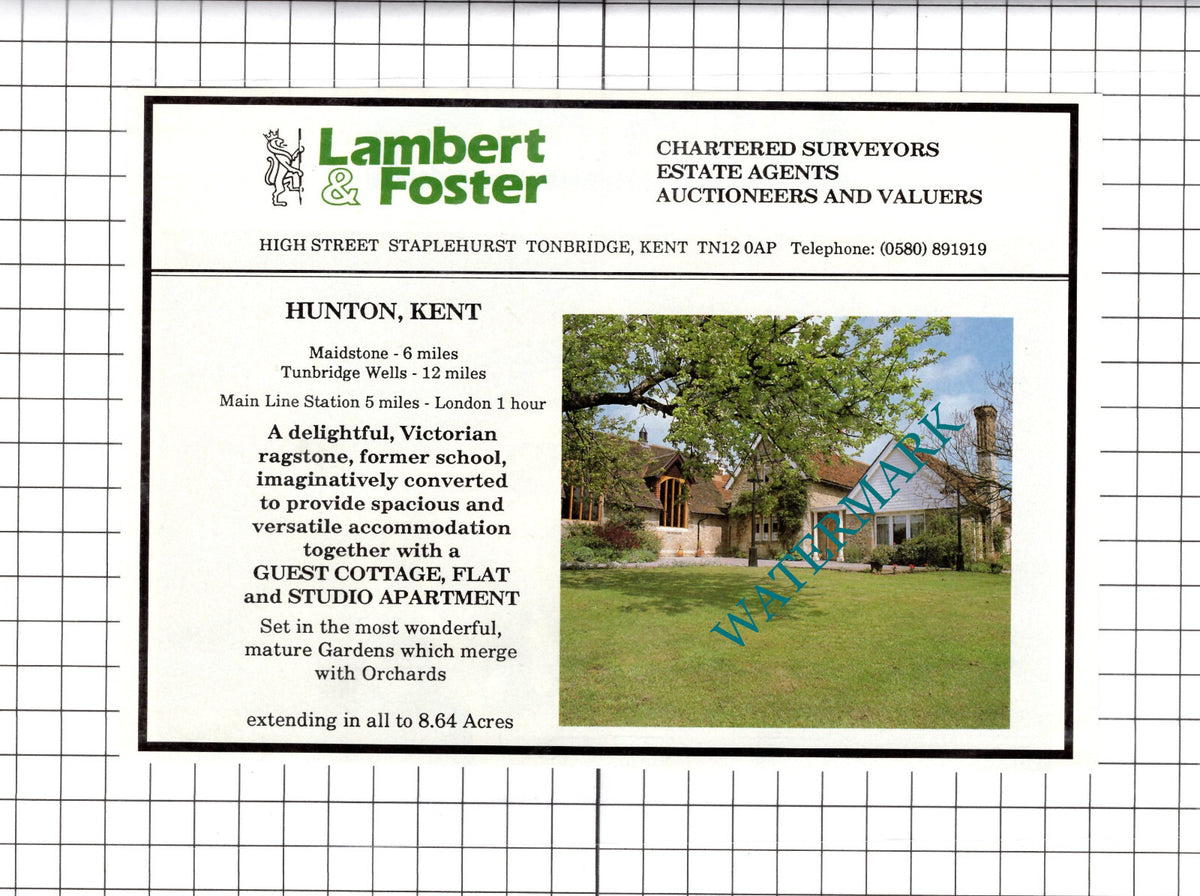 Hunton Kent School House Sale Advert - 1991 Clipping