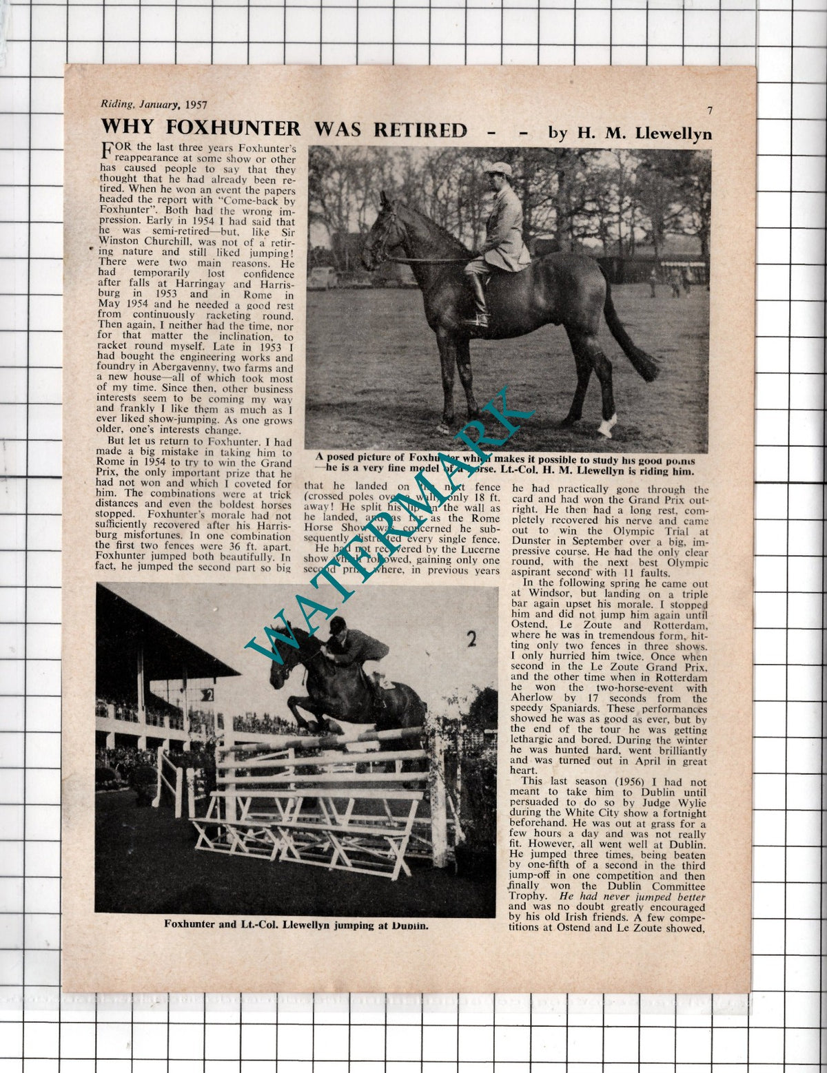 Lt Col H M Llewellyn FOXHUNTER Horse  - 1957 Article