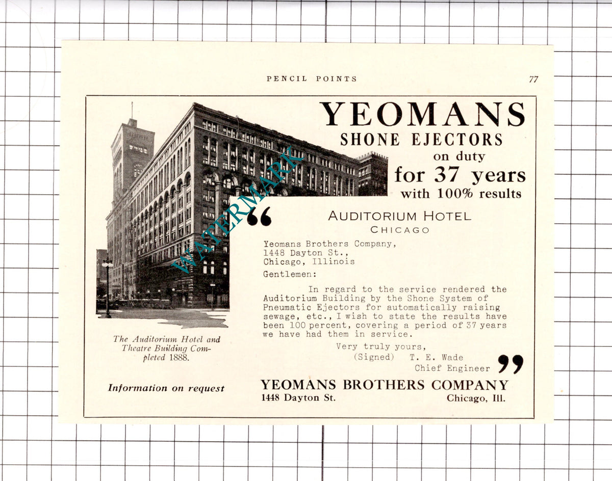 Yeomans Brothers Company Chicago T E Wade Auditorium Hotel  - 1926  Advert