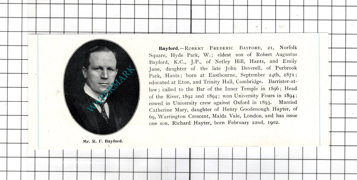 Robert Frederic Bayford  / James Edward Hamilton Benn Cork - c.1905 Clipping