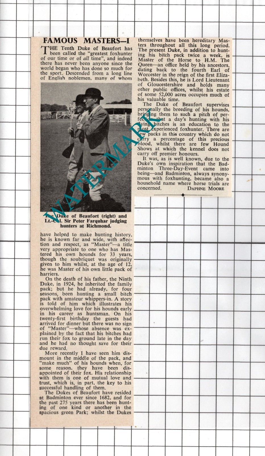 The Tenth Duke Of Beaufort Fox Hunting  Sir Peter Farquhar - 1957 Clipping