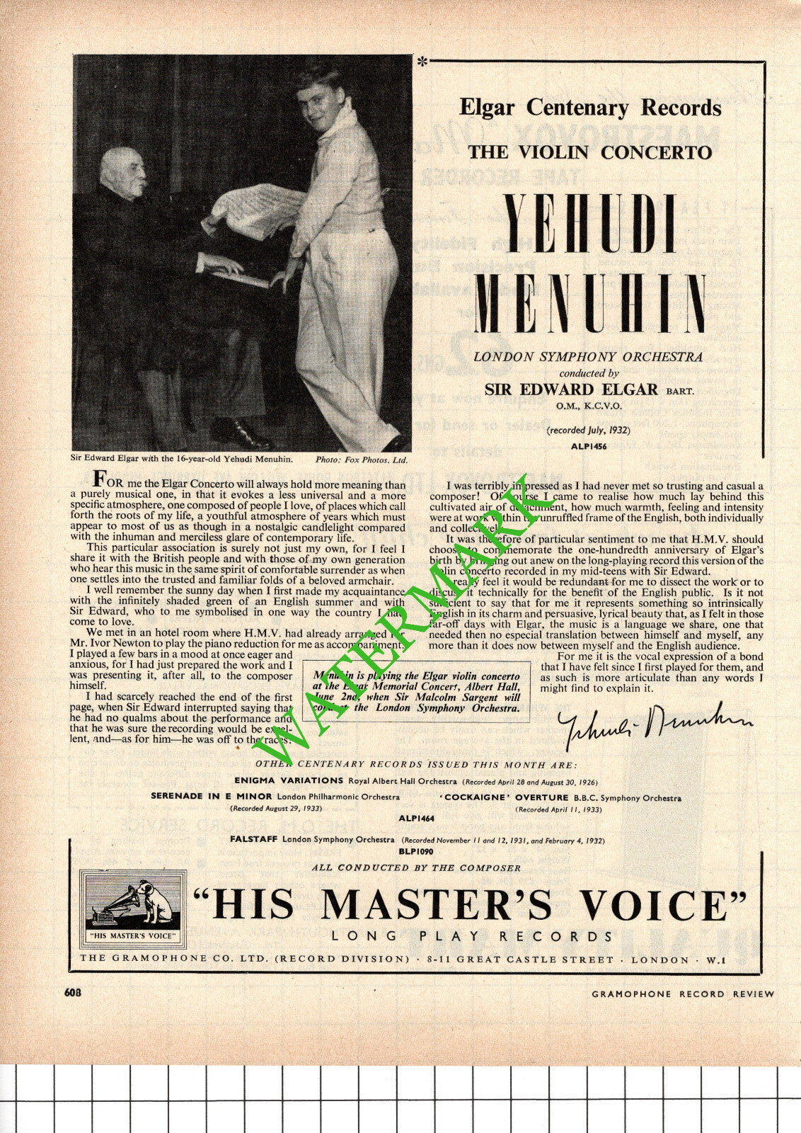 Yehudi Menuhin Sir Edward Elgar HMV Advert -  1957 Cutting