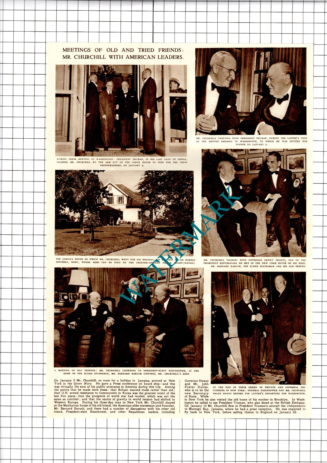 Winston Churchill New York Visit Bernard Baruch Dewey - 1953 Cutting / Print