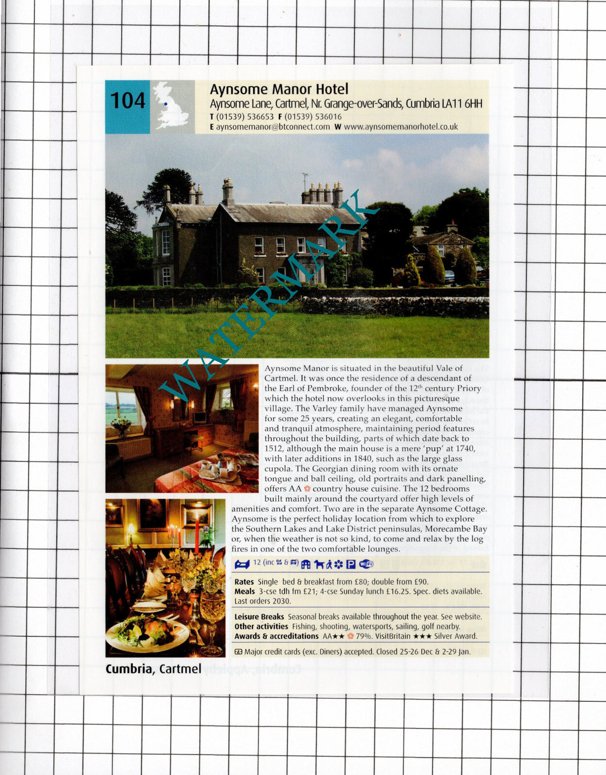 Tufton Arms Hotel Appleby Cumbria / Aynsome Manor Cartmel Cumbria - 2011 Advert