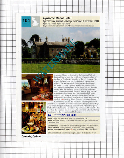 Tufton Arms Hotel Appleby Cumbria / Aynsome Manor Cartmel Cumbria - 2011 Advert