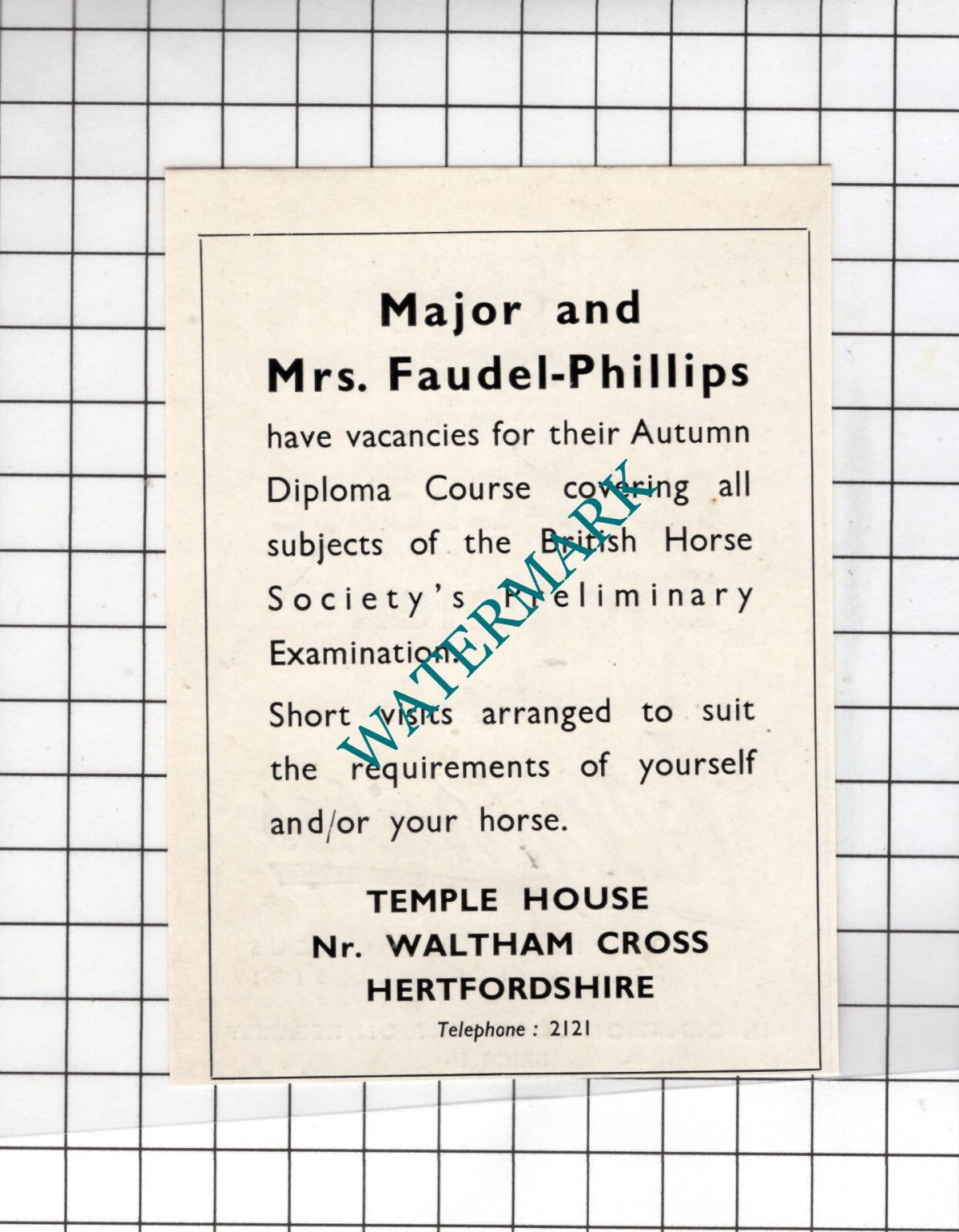 Major and Mrs Faudel-Phillips Temple House Waltham Cross  - 1949 Small Advert