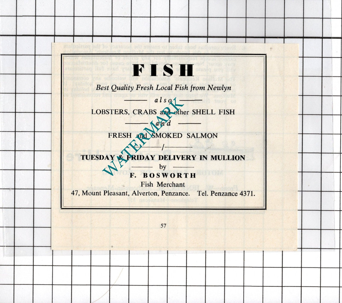 F Bosworth Fish Merchant Alverton Penzance Cornwall    - c.1969 Small Advert