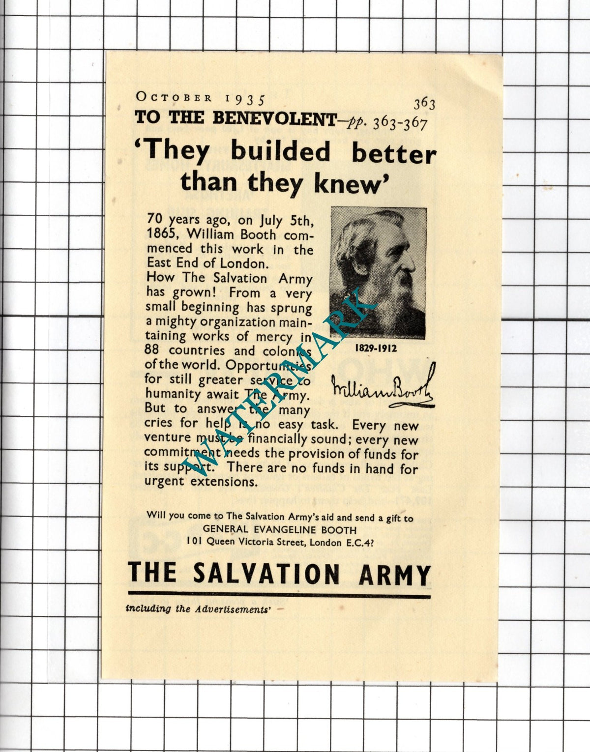 The Salvation Army William Booth Small Advert    - 1935