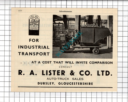 R A Lister & Co Ltd Dursley Gloucs / Bates & Cook Ltd Leeds  - 1951 Advert