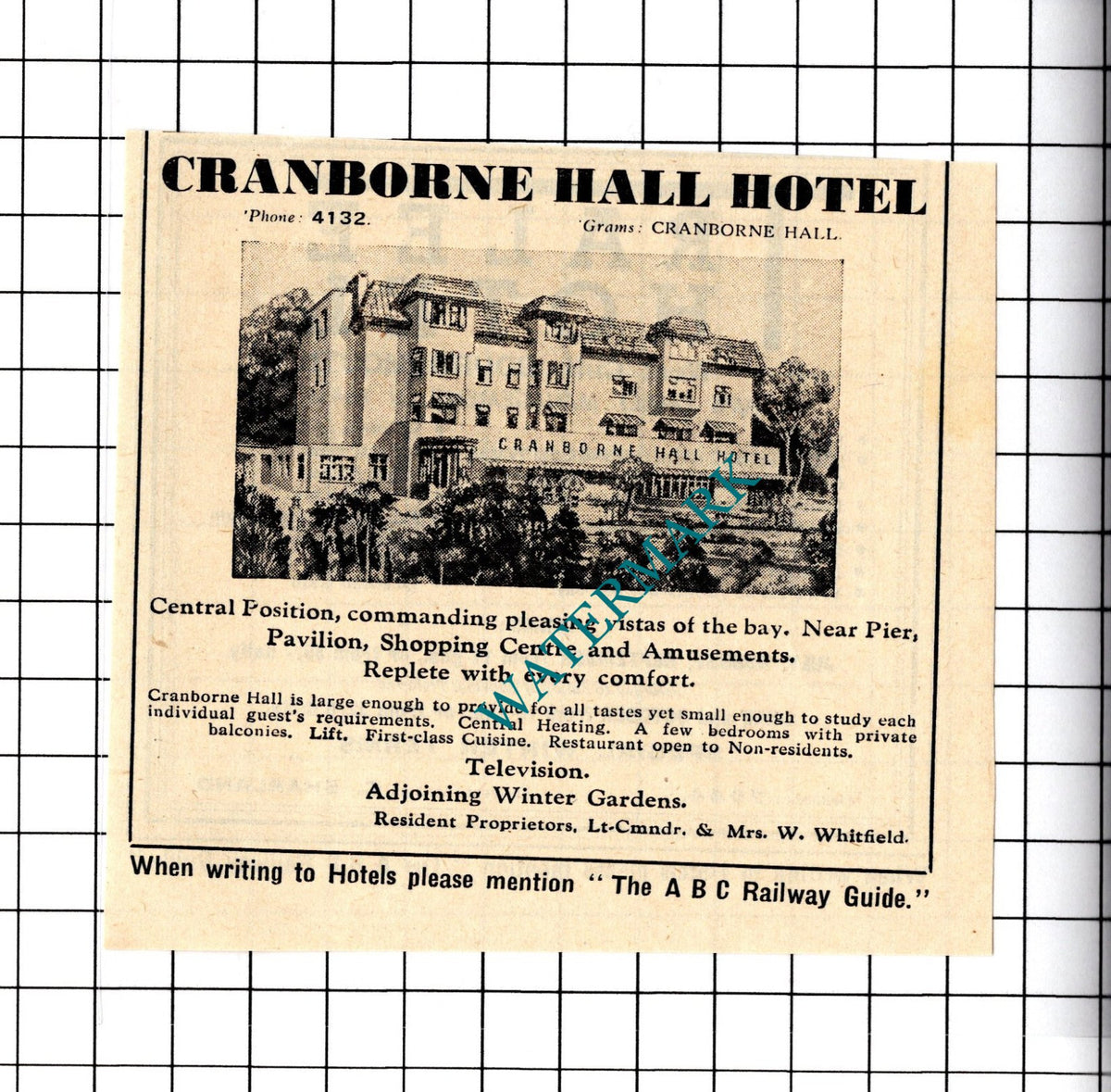 Cranborne Hall Hotel  Lt Comm Whitfield Small Advert - 1958 Cutting / Print