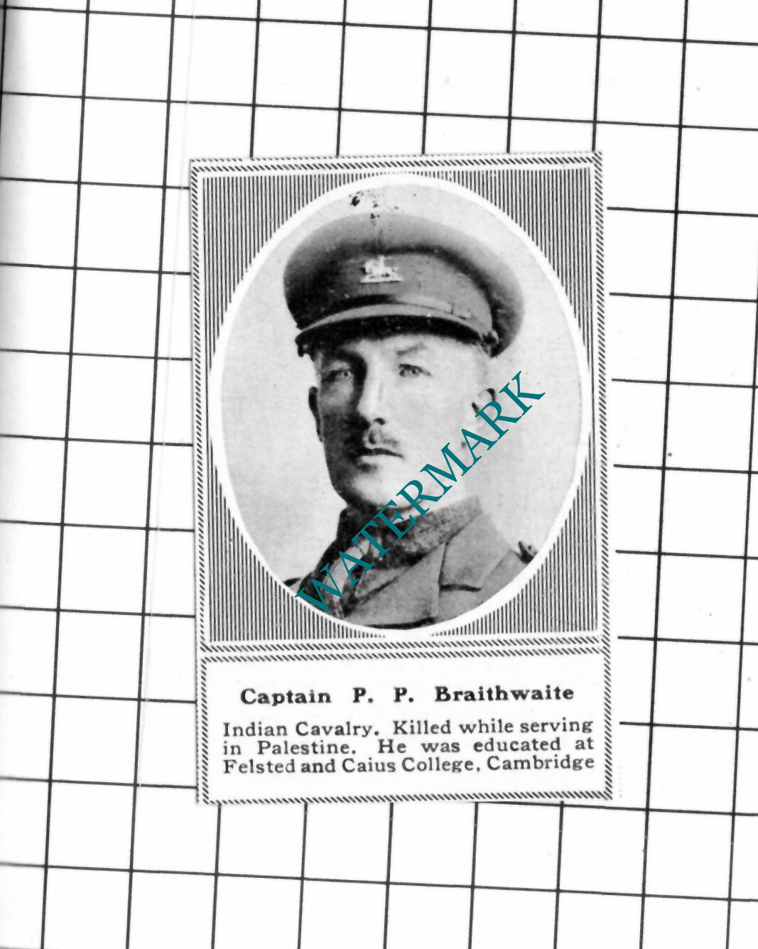 Captain P P Braithwaite Indian Cavalry WW1 - c.1918 SMALL Clipping / Print