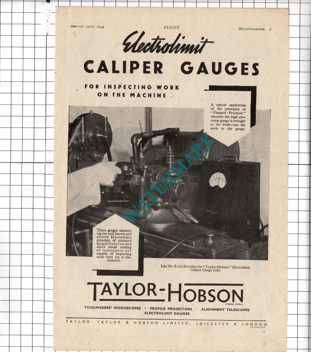 Taylor Taylor & Hobson Ltd Leicester Taylor-Hobson WW2 Advert - 1944 Clipping