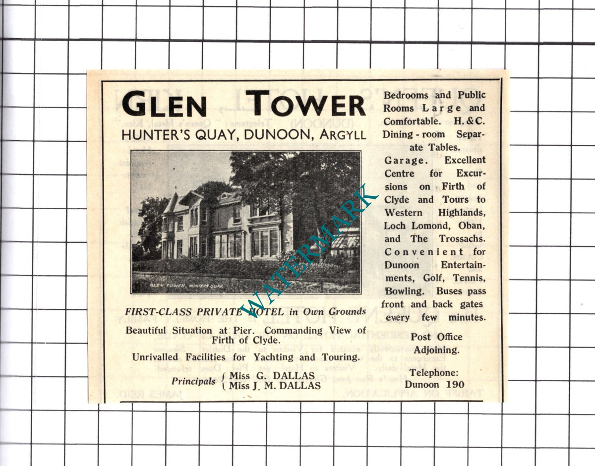 Queen's Hotel Kirn James Reid / Glen Tower Dunoon Dallas Advert-1939 Cutting