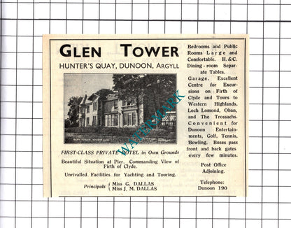 Queen's Hotel Kirn James Reid / Glen Tower Dunoon Dallas Advert-1939 Cutting