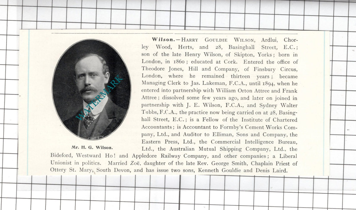 Mr Harry Gouldie Wilson Ardlui Chorley Wood Hertfordshire  - c.1905 Clipping