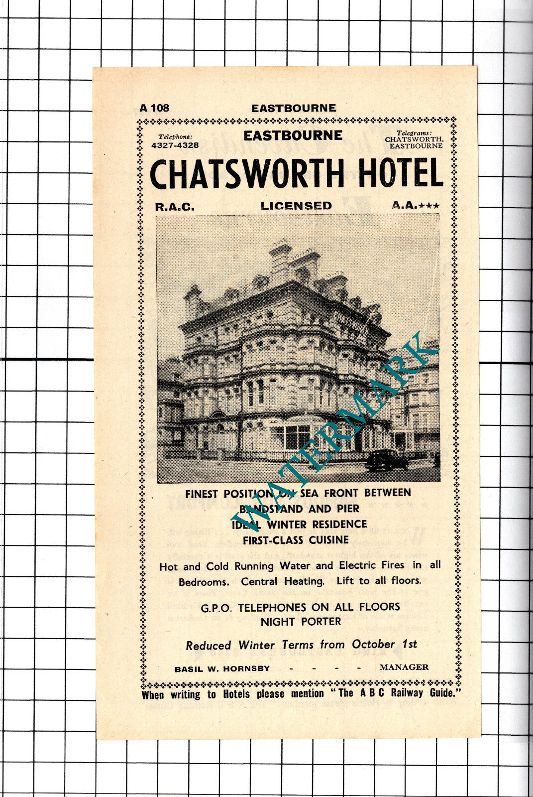 Chatsworth Hotel Eastbourne Basil Hornsby / The Cavendish Advert - 1958 Cutting