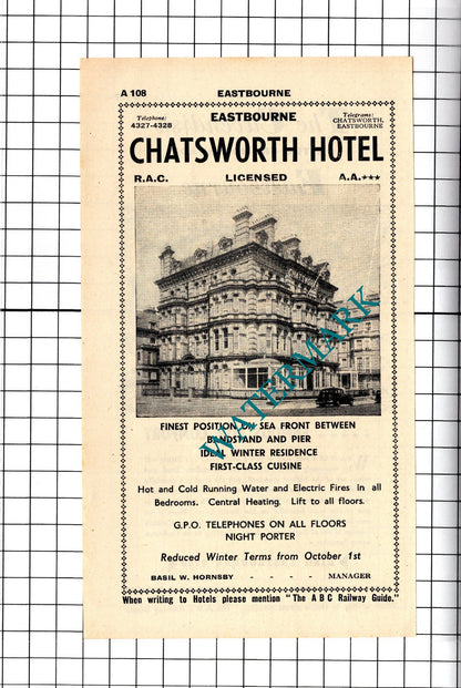 Chatsworth Hotel Eastbourne Basil Hornsby / The Cavendish Advert - 1958 Cutting
