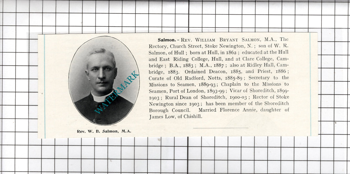 Rev William Bryant Salmon The Rectory Stoke Newington London - c.1910 Cutting