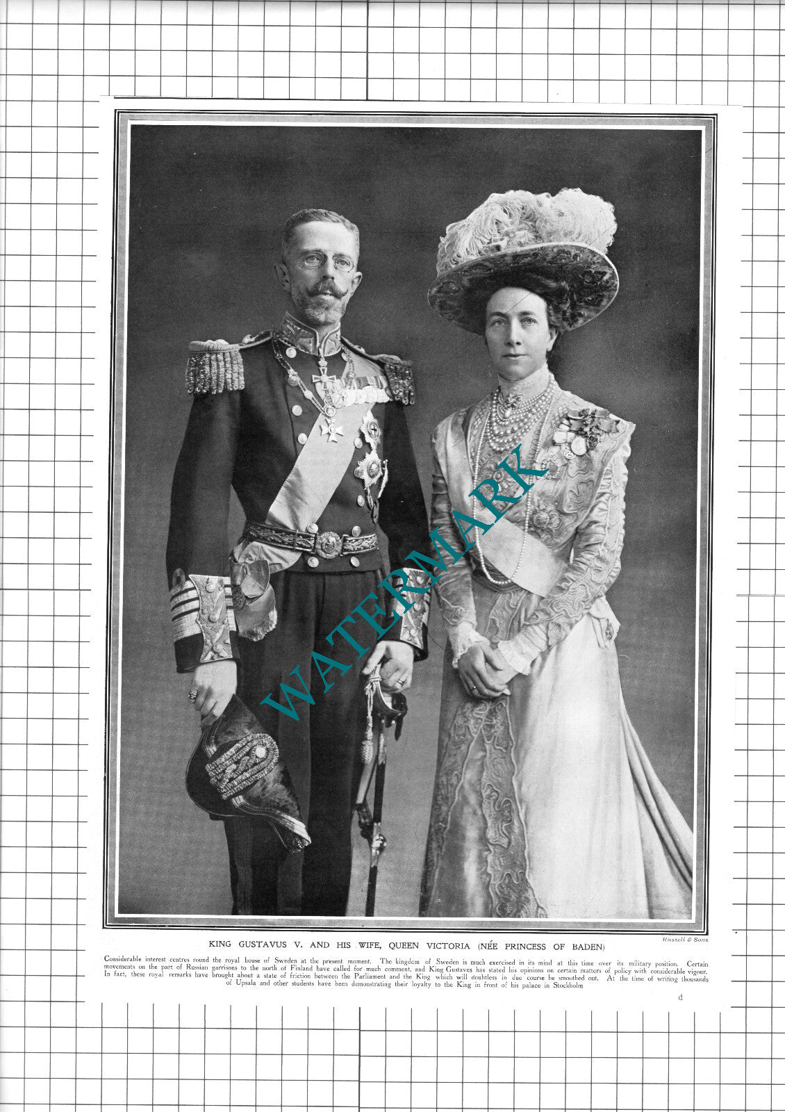 King Gustavus V & Queen Victoria Baden Sweden  - 1914 Clipping  / Print