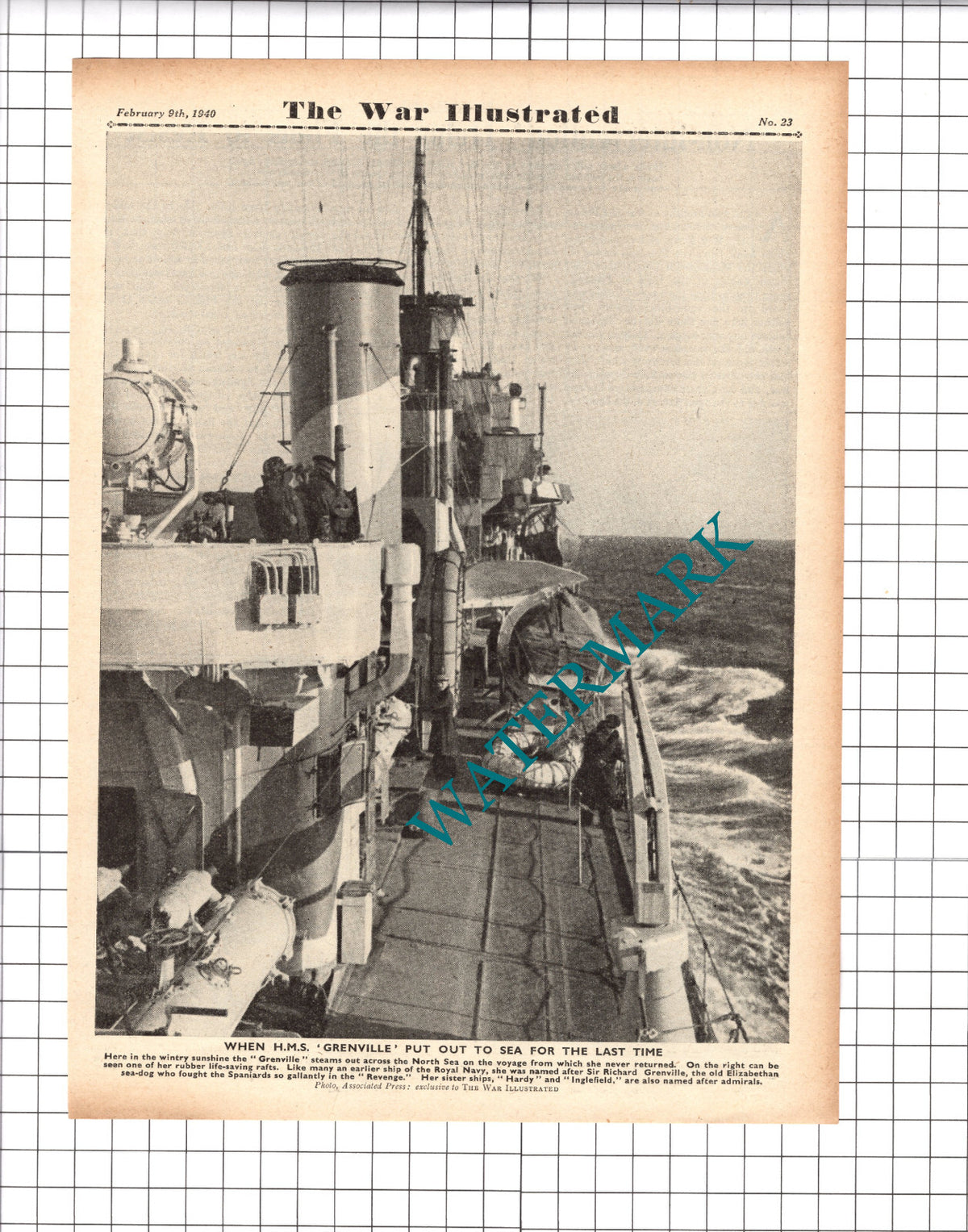 HM Destroyer GRENVILLE Ship World War Two WW2 - 1940 Three-Part Clipping / Print