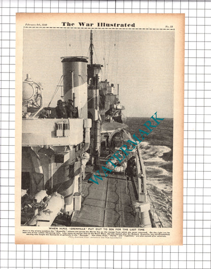 HM Destroyer GRENVILLE Ship World War Two WW2 - 1940 Three-Part Clipping / Print