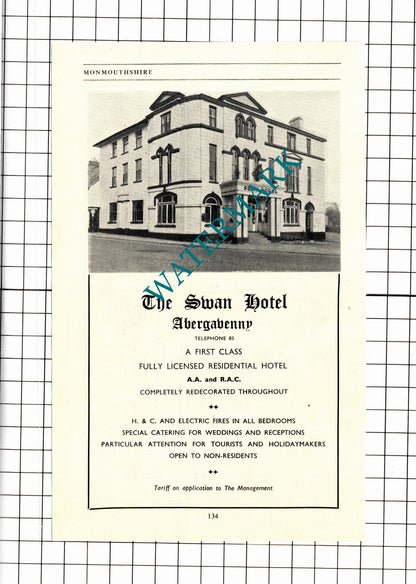 Swan Hotel Abergavenny Wales / Abergavenny Motor Co Advert - 1953 Clipping