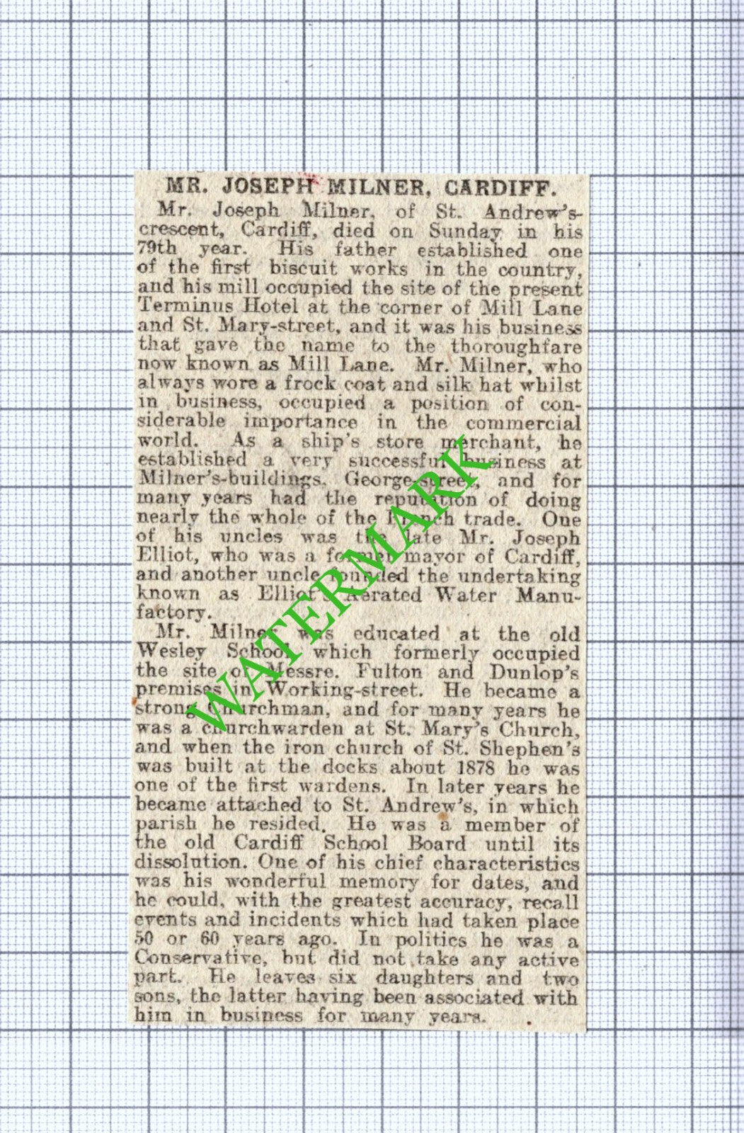 Mr Joseph Milner Cardiff Obituary -   1916 Small News Cutting