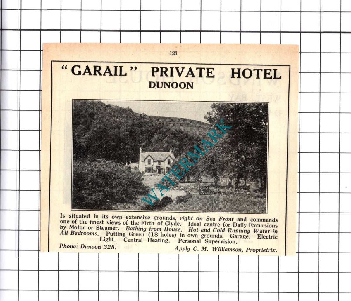 Garail Hotel Dunoon Williamson / Windsor House Fleming Small Advert-1939 Cutting