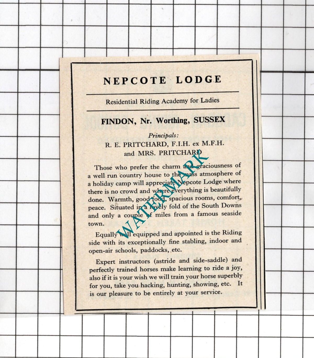 Cadogan Riding School Holyport / Nepcote Lodge Findon Sussex - 1949 Small Advert