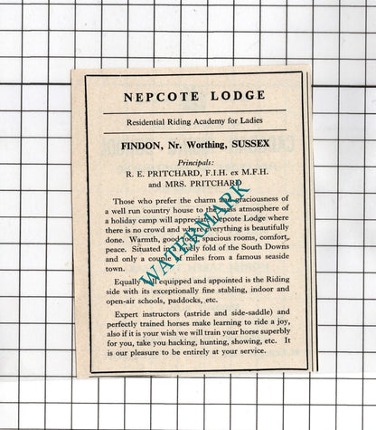 Cadogan Riding School Holyport / Nepcote Lodge Findon Sussex - 1949 Small Advert