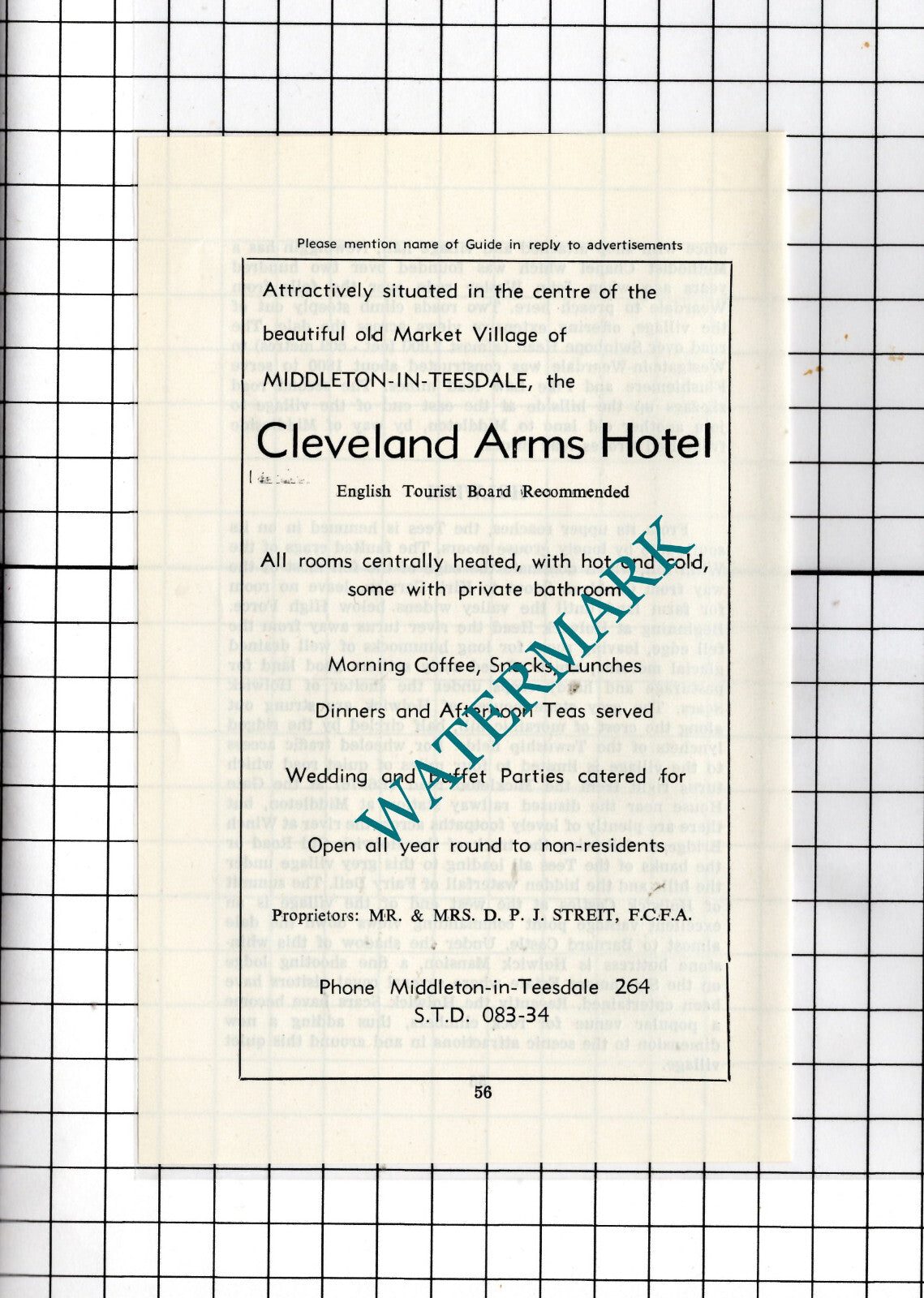 Cleveland Arms Hotel Middleton-in-Teesdale D Streit  -c.1977 Small Advert