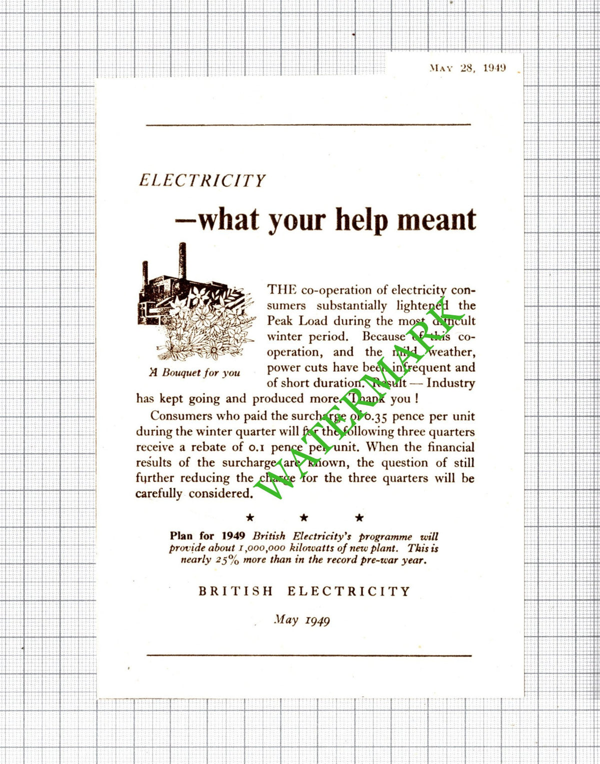 British Electricity Peak Load Advert  - 1949 Cutting