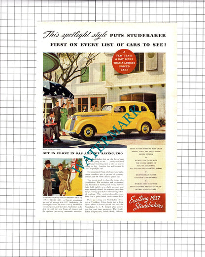 Studebaker Car Advert / Old Mr Boston Liquor Advert - 1937 Clipping/ Print