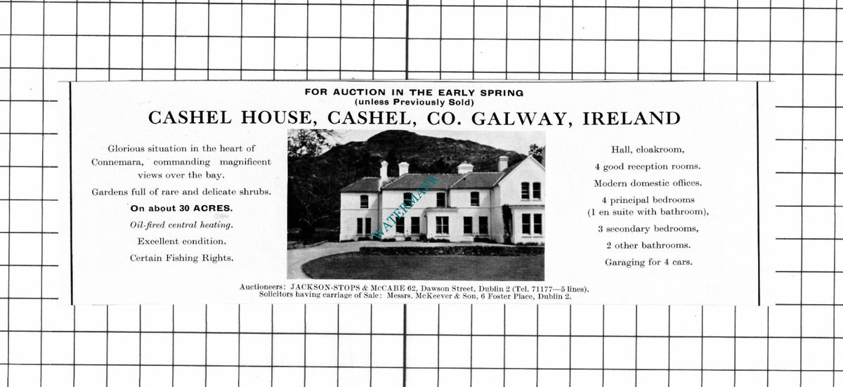 Cashel House Cashel Co Galway Ireland House Sale Advert  - 1967 Cutting