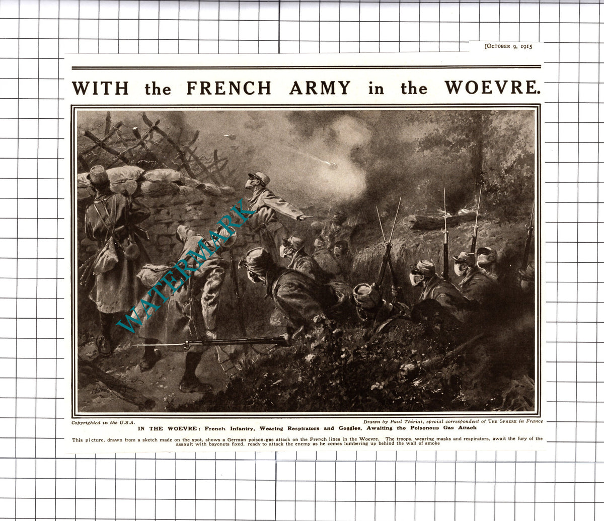 French Army Woevre German Gas Attack Great War WW1 - 1915 Cutting / Print