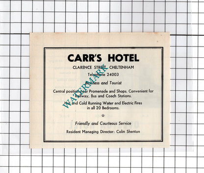 Overton Hotel Cheltenham / Carr's Hotel Colin Shenton -  c.1970s Advert