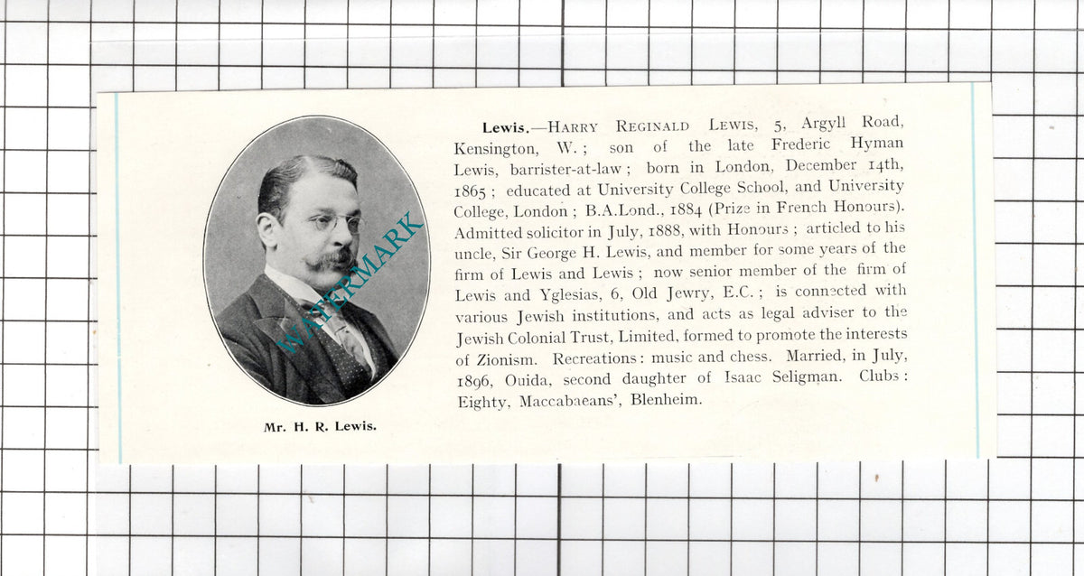 Harry Reginald Lewis 5 Argyll Road Kensington London  - c.1905 Clipping