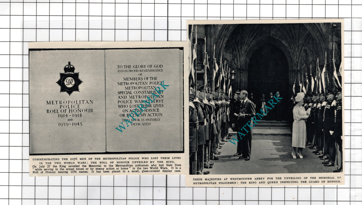 Metropolitan Police Memorial Westminster Abbey Unveiling - 1950 Cutting / Print