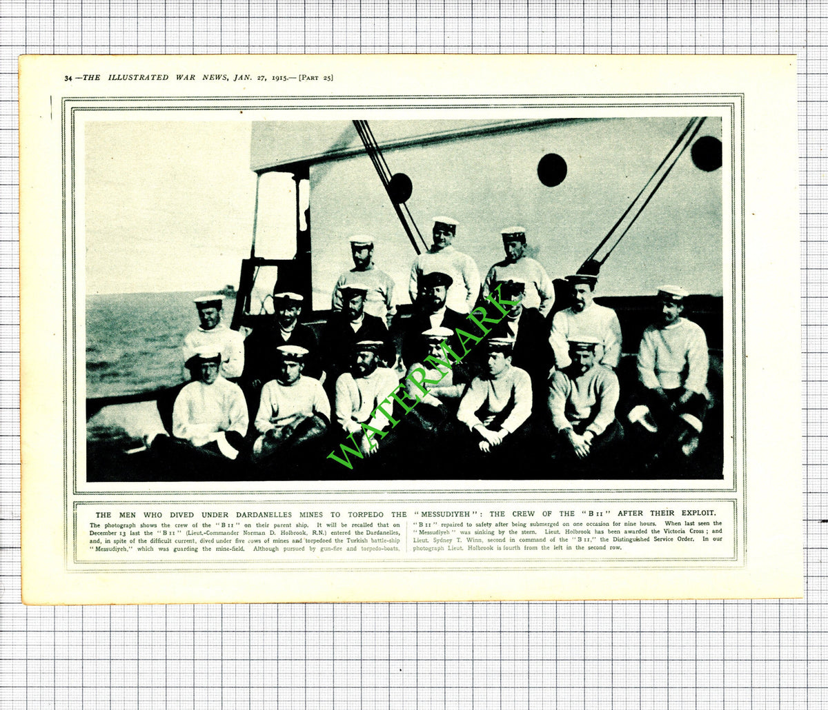 Lieut Holbrook B11 Submarine Crew Messudiyeh Dardanelles  WW1 - 1915 Cutting
