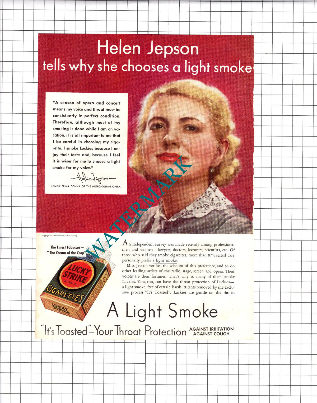 Helen Jepson Metropolitan Opera Lucky Strike Cigarettes - 1937 Advert