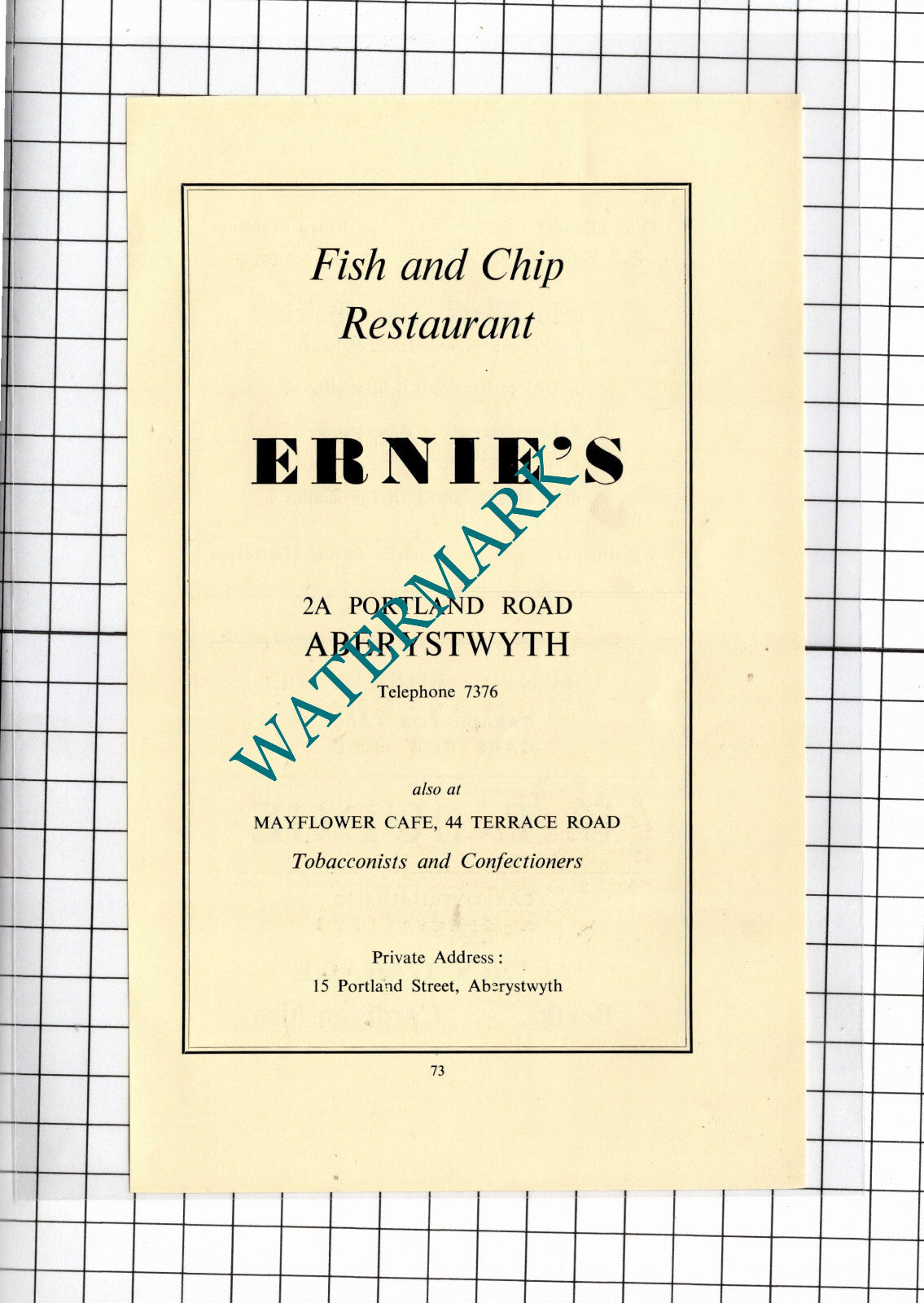 Ernie's Fish and Chip Restaurant Aberystwyth Wales       - 1957  Advert
