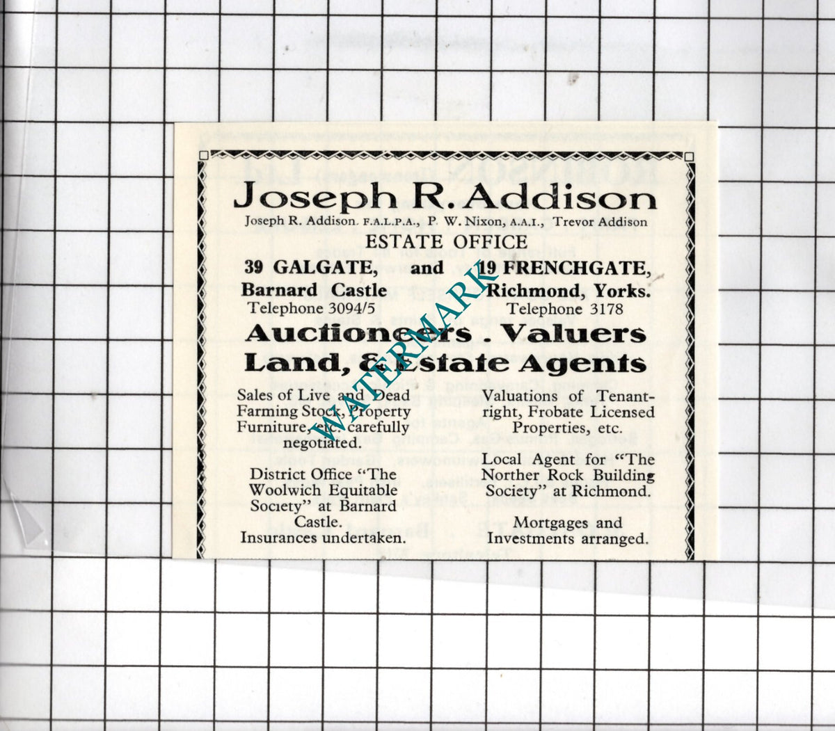 Joseph R Addison 39 Galgate Barnard Castle Durham  -1969  SMALL Advert