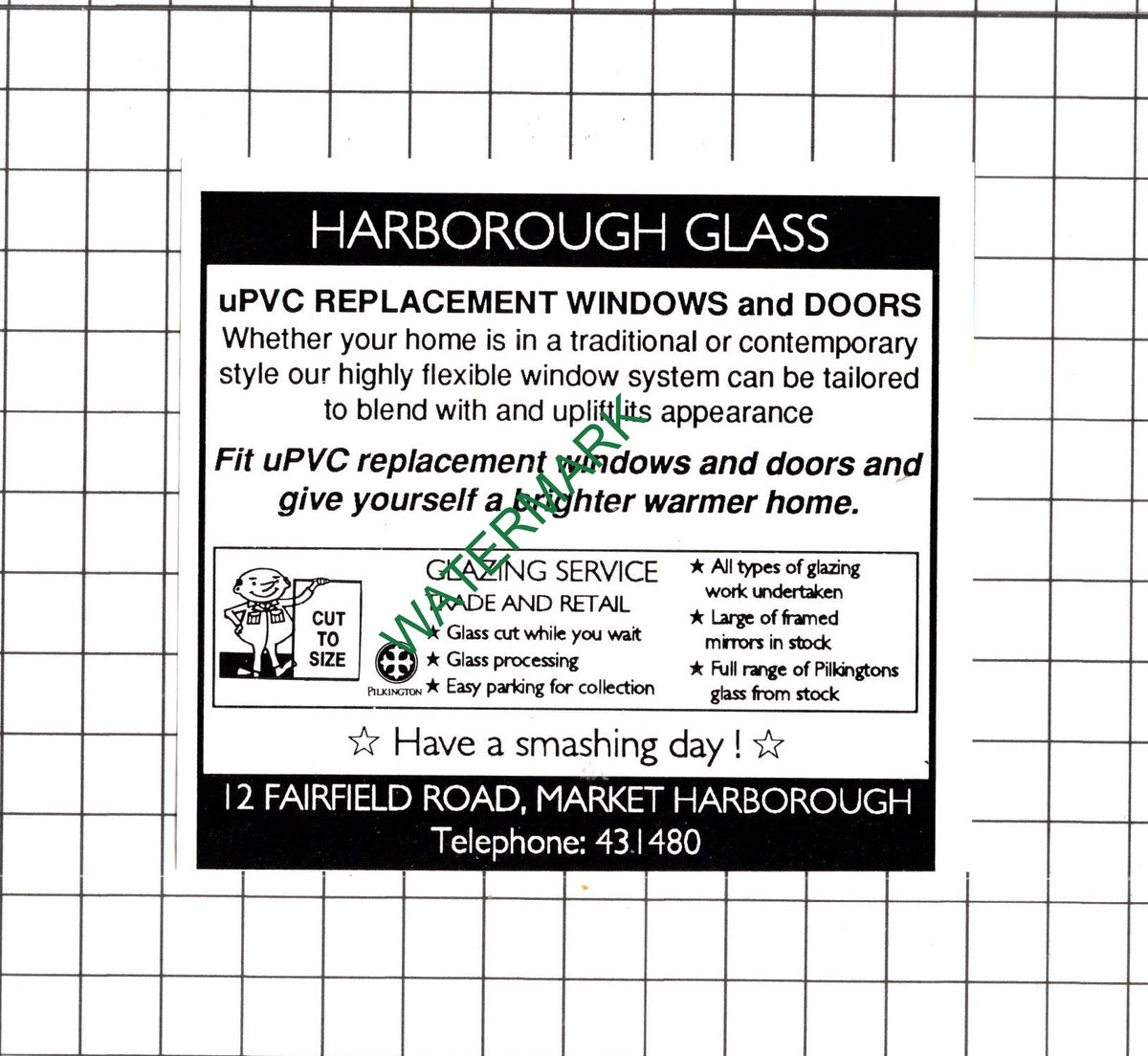 Harborough Glass Fairfield  Market Harborough Leicestershire - 1990 Small Advert